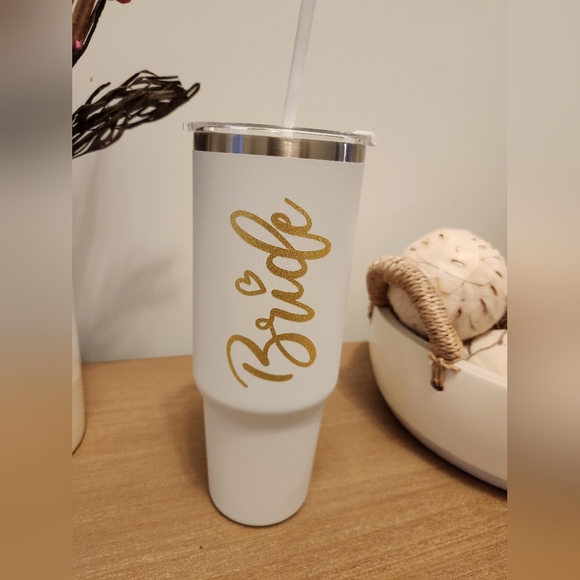 White and Gold Bride Custom Tumbler with Straw 40 oz NWOT - Picture 2 of 8